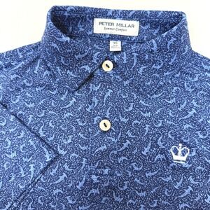 Peter Millar Boys XS 5-6 Summer Comfort Blue Shark Print Performance Polo Shirt